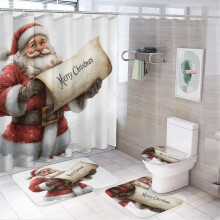 Vintage Santa Christmas 4-Pc Shower Curtain Set: Curtain, Rug, Toilet Cover & U-Shaped Mat – Waterproof, Durable, Compatible with Bathtub