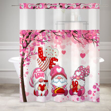 Rideau de douche en tissu rose avec cœurs et gnomes, sans crochets, doublure à boutons-pression, idéal pour la Saint-Valentin, 180 x 188 cm