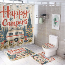 Happy Campers 4-Pc Bathroom Decor Set: Waterproof Shower Curtain, Non-Slip Rug, Toilet Lid Cover & Bath Mat – Compatible with Standard Showers