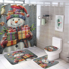 Snowman Christmas 4-Pc Shower Curtain Set w/ Rug, Toilet Lid Cover & Non-Slip U-Shape Mat – Durable, Waterproof