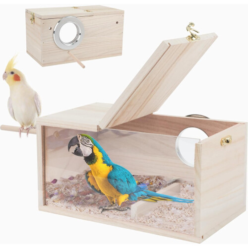 Parakeet nesting box transparent with perch for cockatiel