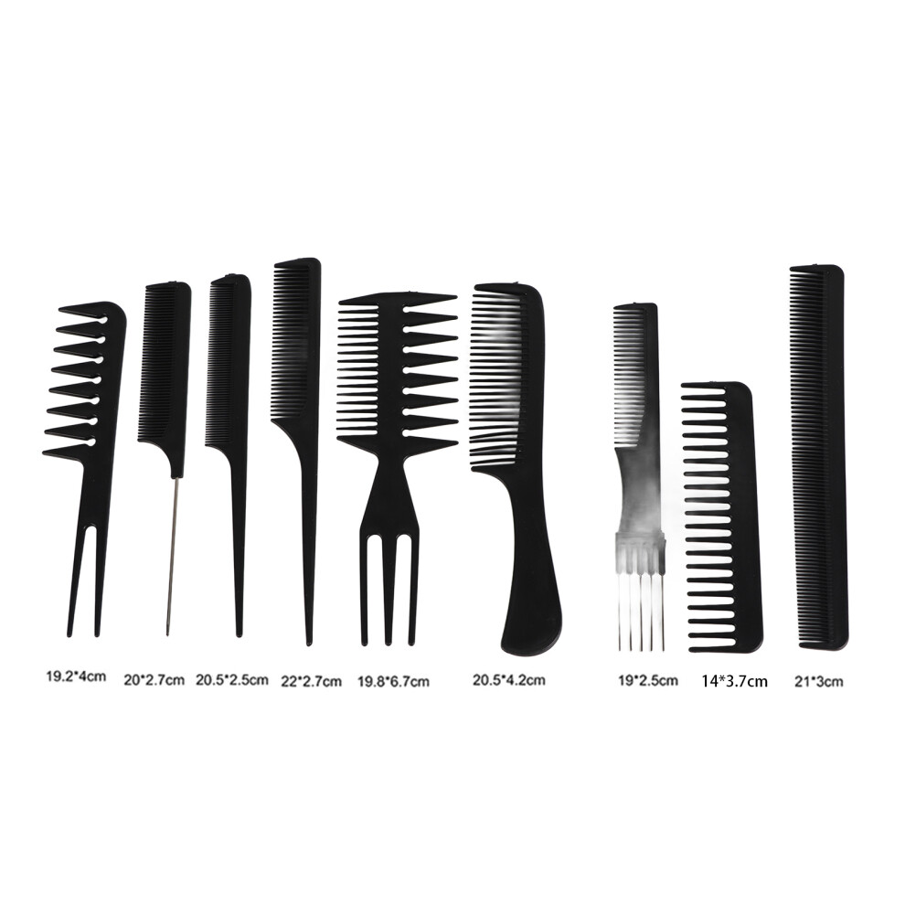 Black 10Pcs Plastic Hair Combs Set - Massage & Detangle For Curly Wet Hair