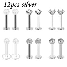 16G Läppstift Rostfritt Stål CZ Labret Läpppiercing Tragus Helix Örhängen Stift - 12 St - Silver