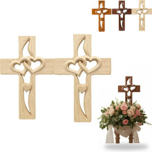 Hand-Carved Intertwined Hearts Wooden Cross – Elegant Wall Decor for Wedding, Valentine's, Christmas (Off-White)