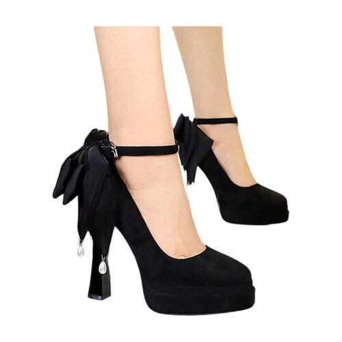 Women's Suede Pearl Bow Strap Pumps 2