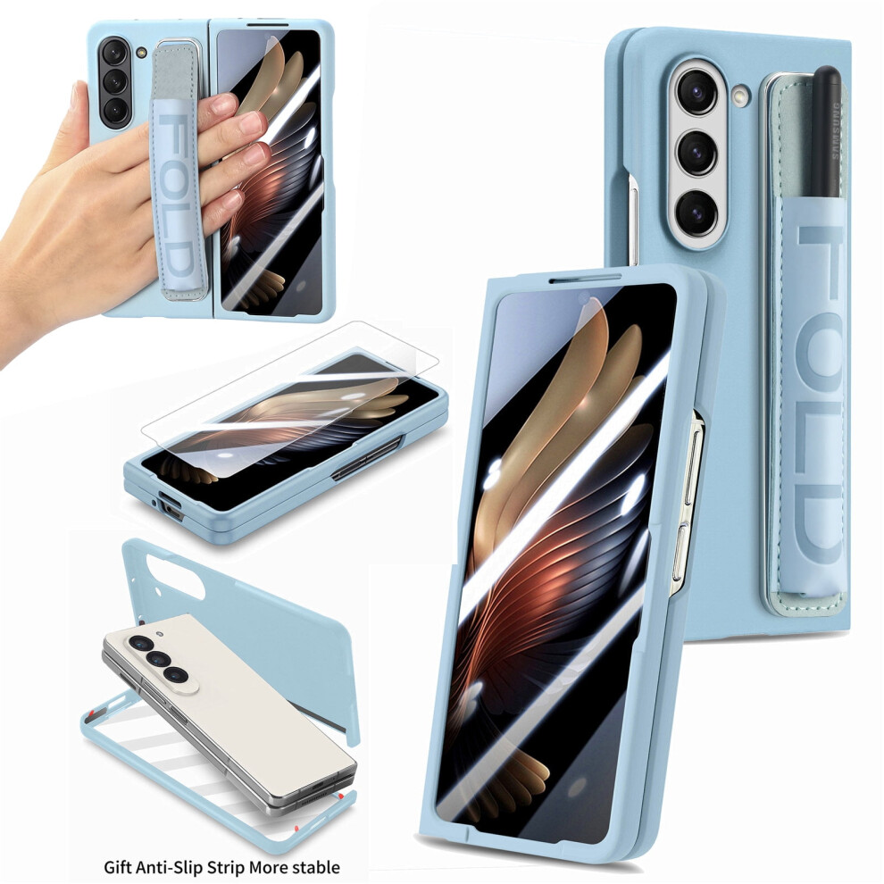 Samsung Galaxy Z Fold5 Case With Wristband, Pencil Holder & Built-In Screen Protector Â Skyblue, Heavy Duty Shockproof 9405492475663