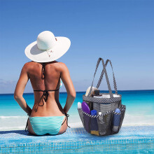 Sanddichte Strandtasche aus Netzgewebe – Große Tragetasche für Pool, Schwimmen, Einkäufe & Spielzeug, 9 Fächer + Reißverschlussfach, leichtes