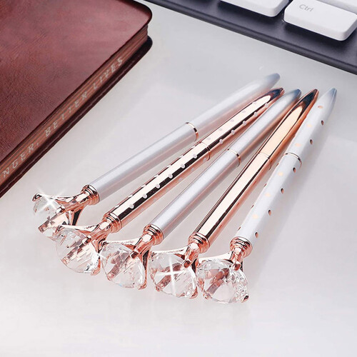 Στυλό Big Crystal Diamond Ballpoint Metal Bling για γραφεία και σχολεία, ασημί/λευκό με πουά/ροζ 1