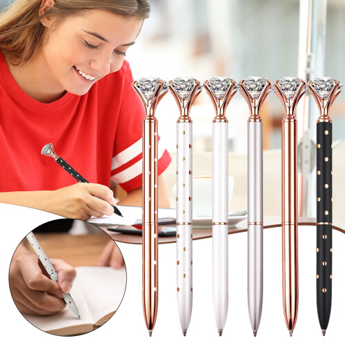 Στυλό Big Crystal Diamond Ballpoint Metal Bling για γραφεία και σχολεία, ασημί/λευκό με πουά/ροζ 2