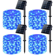 4-Pack 100-LED Solar Fairy Lights, 33ft Blue Waterproof String Lights, 8 Modes, Copper Wire, for Patio/Garden/Tree—Compatible with Standard Solar