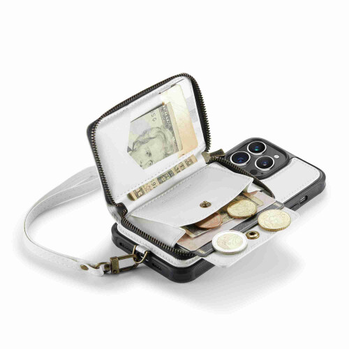 Zipper Wallet Case for iPhone 13 Pro Max, PU Leather RFID-Blocking, Wrist Strap, White 1
