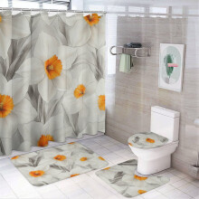 4-Piece Shower Curtain Set: Bath Mat, U-Shaped Floor Mat, Toilet Lid Cover, Oval Rug – Daffodil White & Gray, Waterproof, Botanical Floral Decor