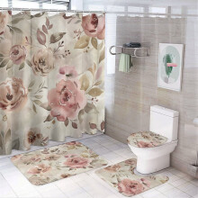 4-Pc Shower Curtain Set with Rug, Toilet Lid Cover & Bath Mat – Dusty Rose Boho Watercolor Floral, Waterproof & Durable, Compatible with Standard