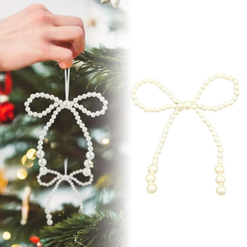 Pearl Bow Christmas Ornament, White Bowknot Tree Topper, 6 1