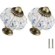 Ivory & Blue Pumpkin Knobs 12 Pack Ceramic Cabinet Knobs Vintage Drawer Pulls - Antique Dresser Pulls with Screws - Blue Flower