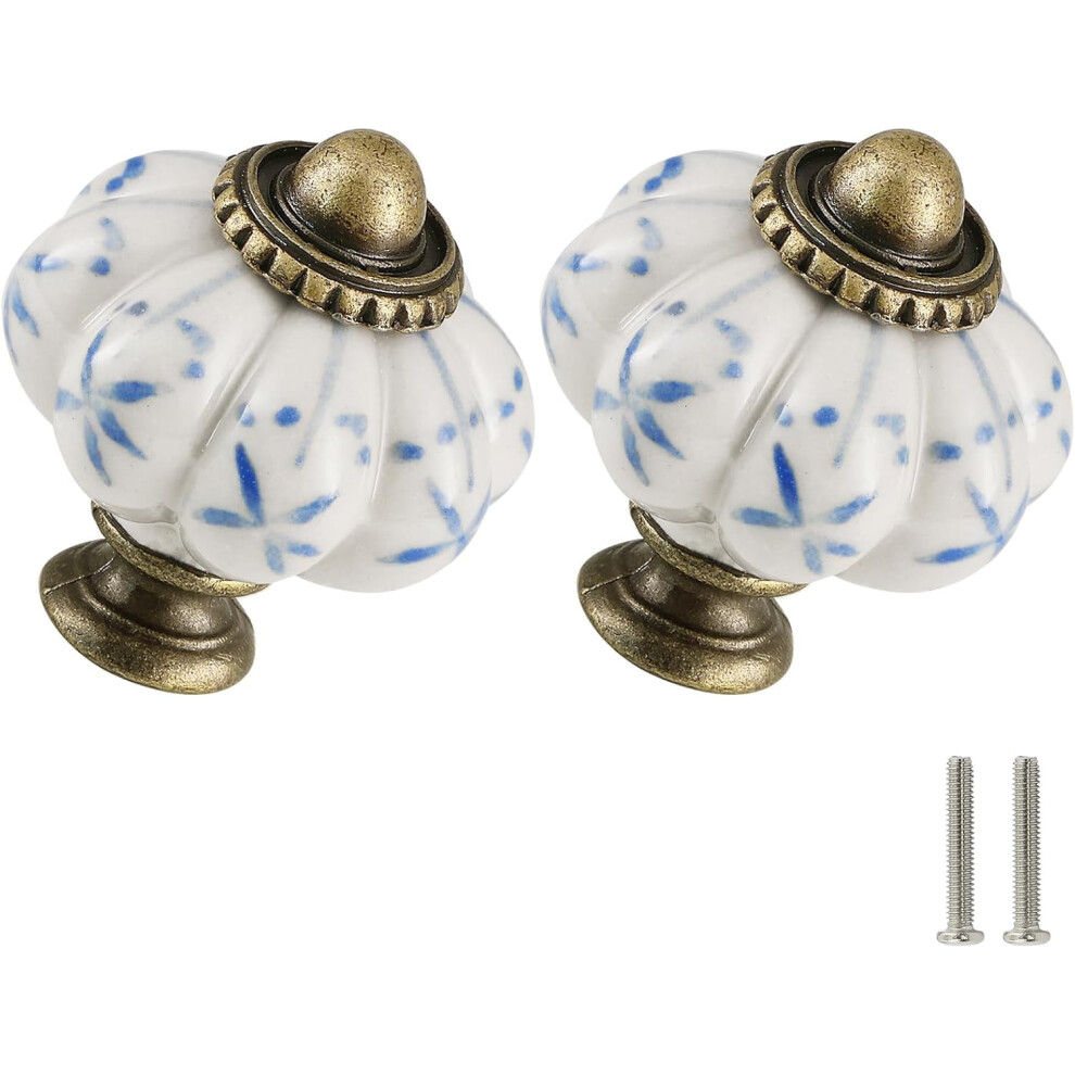 Ivory & Blue Pumpkin Knobs 12 Pack Ceramic Cabinet Knobs Vintage Drawer Pulls - Antique Dresser Pulls With Screws - Blue Flower 9426043911003
