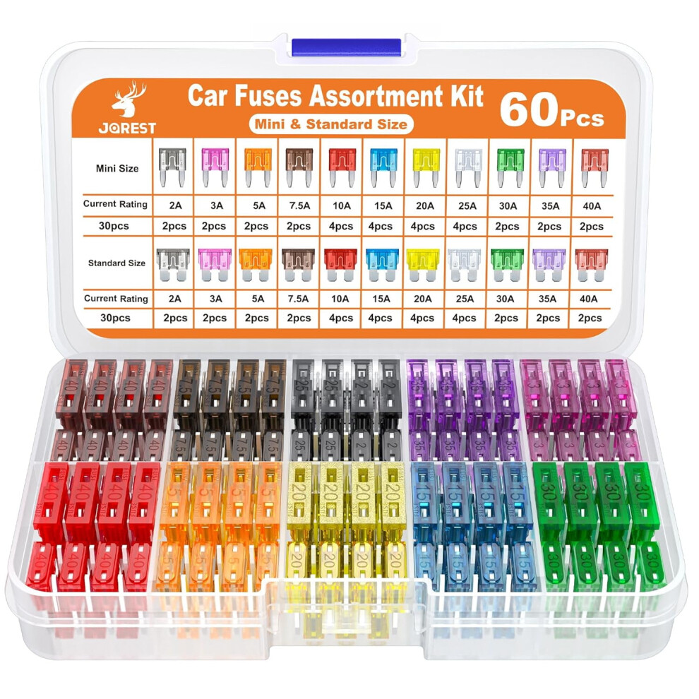60Pcs Car Fuse Assortment Kit (2Aâ40A) Â 30 Mini Blade + 30 Standard Fuses + Fuse Puller, Compatible With Car/Rv/Truck/Motorcycle 9159796059004