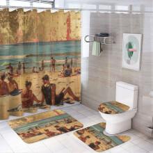 4-Pc Shower Curtain Set w/ Rugs: Beach Relaxation Design, Waterproof, Vintage Summer Ocean Theme – Compatible with Standard Showers