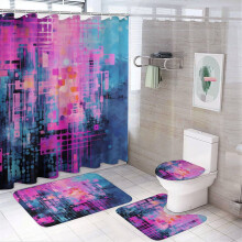 4-Pc Shower Curtain Set w/ Non-Slip Rug, Toilet Lid Cover & Bath Mat – Abstract Purple/Blue Design, 72"x72", Compatible with Standard Baths