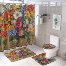 Vintage Floral Shower Curtain 4-Pc Set: Rug, Toilet Lid Cover & Non-Slip U-Shape Mat – Waterproof Bathroom Decor