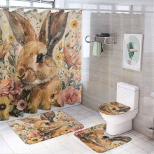 4-Piece Bathroom Rug Set with Shower Curtain, Toilet Cover & U-Shaped Mat – Brown Bunny with Flowers, Waterproof, Watercolor Design, Compatible with