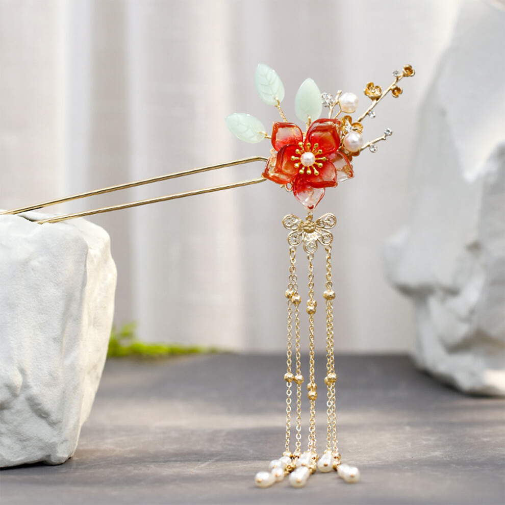 Zhouq-Outdoors Floral Hair Stick With Tassels - Valentine\'S Gift