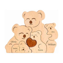 Wooden Koala Family Puzzle with Heart Detail – Customizable Names, Home/Party Decor, Family Bonding & Gifting, Compatible with Standard Frames