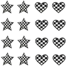 16Pcs Black&White Checkered Heart Western Iron on Embroidered Set, Contains 8 Heart Patches and 8 Star Patches