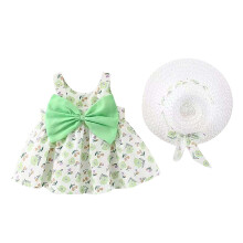 Adorable Baby Girl Floral Dress with Red Bow and Matching Sun Hat, Perfect for Summer Outings and Special Occasions