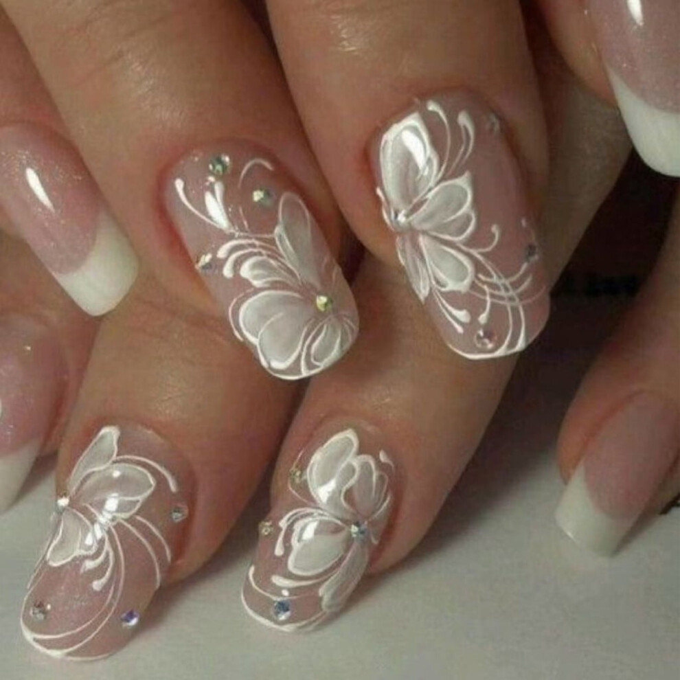 24Pcs Press on Nails French Tip Square Nails Tips Designs Fake Nails Artificial Acrylic Nails Full Covers False Nails