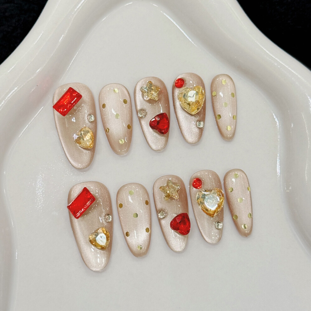 Dachuang Beauty (S) 10Pcs Rhinestone Cat Eye Fake Nails, Chip-Proof