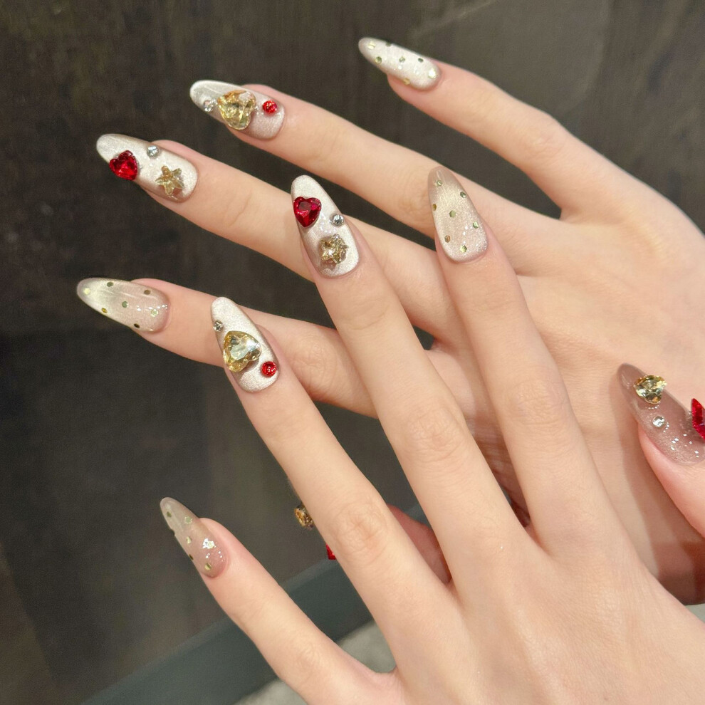 Dachuang Beauty (M) 10Pcs Rhinestone Cat Eye Fake Nails, Chip-Proof