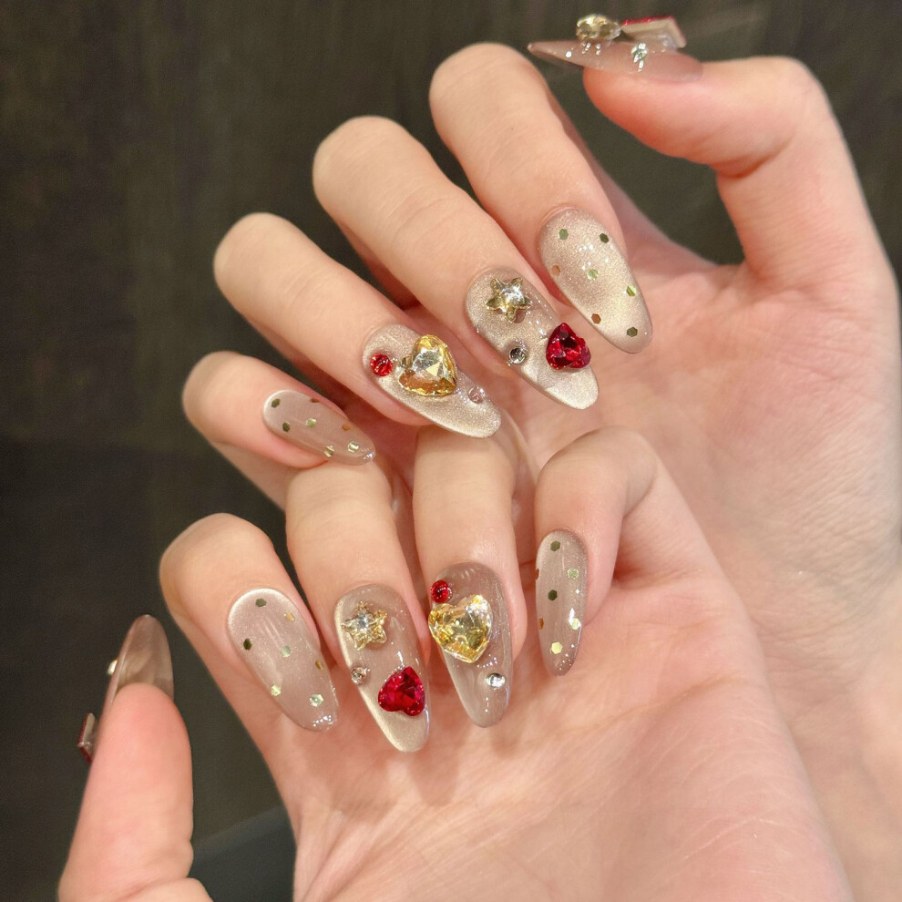 Dachuang Beauty (L) 10Pcs Rhinestone Cat Eye Fake Nails, Chip-Proof