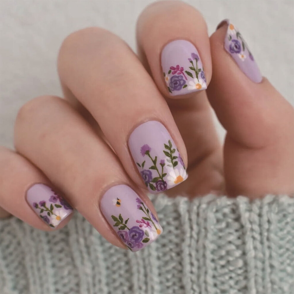 24 Pcs Glossy Full Covers Stick on Nails Short Square False Nails Lovely Flowers Press On Nails Reusable Artificial Nails