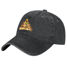 Unisex Retro Washed Christmas Hat with Pugs Tree Design, Adjustable, Compatible with Christmas & New Year