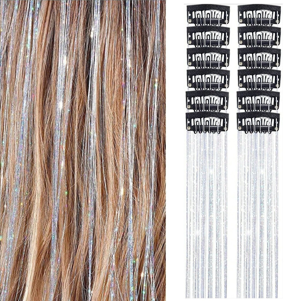 Glitter Hair Extensions, 12-Pack Clip-In Rainbow 20.5", Heat-Resistant Synthetic Hair with Metal Clips, Compatible with All Hair Types