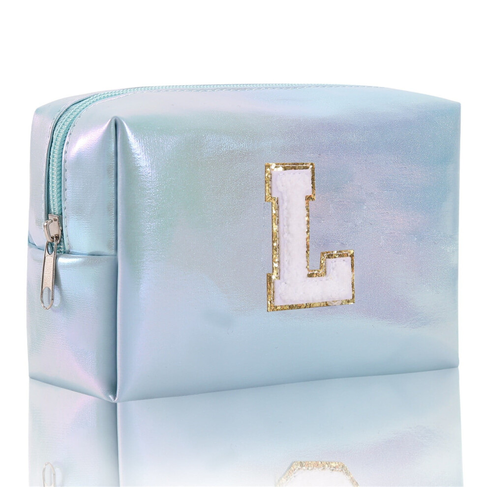 Blue Embroidered Makeup Travel Bag - Spacious Cosmetic Organizer With Alphabet Design, Toiletry Pouch For Women/Girls
