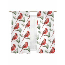 Christmas Cardinal Bird Sheer Curtains 52"x63", Red Bird & Pine Leaves, Farmhouse Light-Filtering Voile Drapes, Rod Pocket, 2 Panels, Compatible with