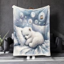 Cozy Polar Bear Flannel Blanket – Soft, Warm, All-Season, Compatible with Bedroom/Sofa/Car/Travel, White Bear + Night Sky Design, 100% Polyester,
