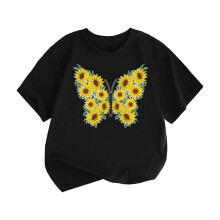Sunflower Butterfly Cartoon T-Shirt Black 12T