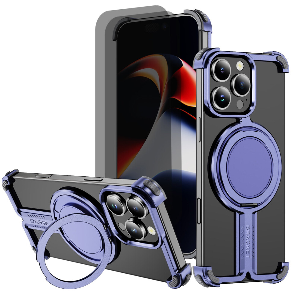 Compatible With Iphone 16E & Iphone Se4: Frameless Metal Case + 2 Privacy Screen Protectors, 360 Kickstand, Slim Shockproof Bumper Purple 9101399543008