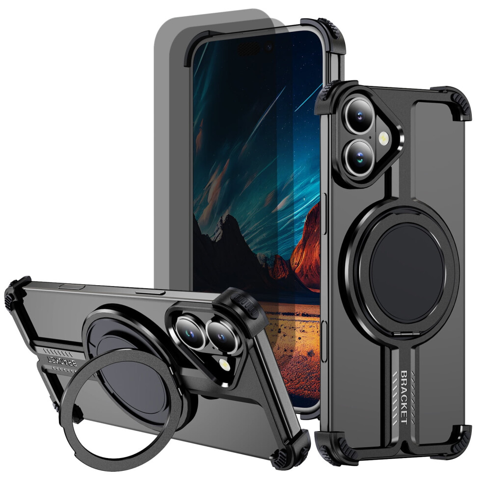 Compatible With Iphone 16 Plus: Frameless Metal Case + 2 Privacy Screen Protectors, 360 Kickstand, Slim Shockproof Bumper, Black 9101399540496