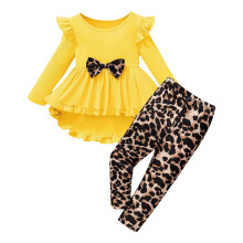 Kids Girls Clothes Long Sleeve Ruffle Bowknot Top Leopard Print Allover Pants Fall Outfit 2Pcs Clothing Set Yellow 4-5 Years