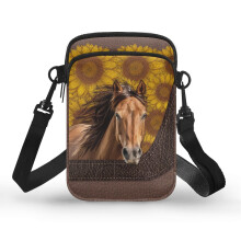 Schultertasche für Erwachsene, Polyester-Umhängetasche mit Doppelreißverschluss, Pferdekopf-Sonnenblumen-Lederakzent