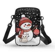 Schwarze Umhängetasche „Schneemann Katze“ mit Schultergurt, kleine Crossbody-Tasche aus 2-lagigem Polyester, Maße: 11 x 5 x 18 cm, für Damen