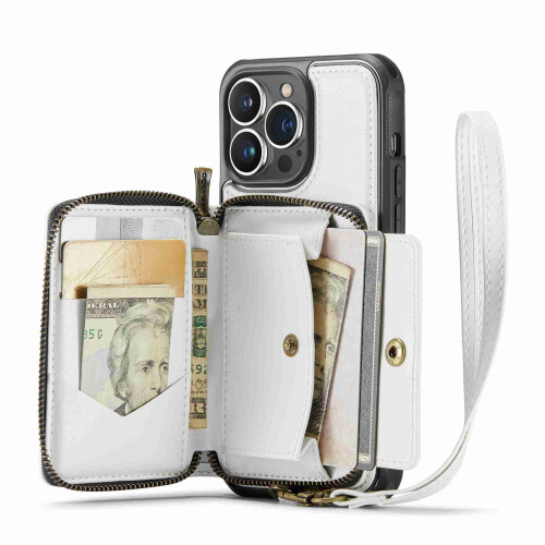 Zipper Wallet Case for iPhone 13 Pro Max, PU Leather RFID-Blocking, Wrist Strap, White