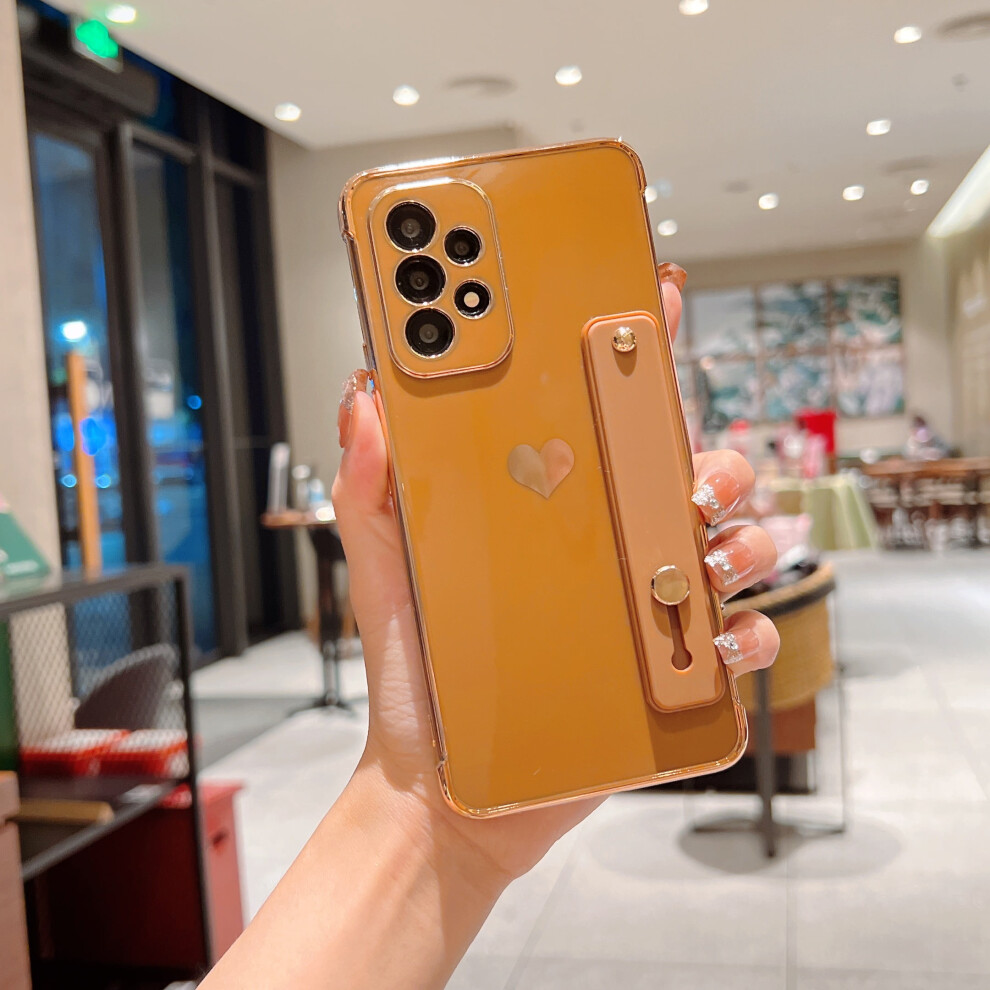 Electroplated Heart Pattern Case For Samsung Galaxy A13 5G Â Slim, Shockproof, With Wristband, Kickstand & Lens Protection, Brown 9122141124924