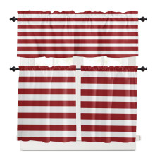 Christmas Red Kitchen Curtains & Valances Set, White Stripe Rod Pocket, 27.5x24in, 3-Piece