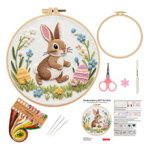 Bunny Motif Embroidery Kit for Adults – Pre-Printed Fabric, Easter Craft for Women, Girls, Teens; Compatible with rainy day & road trip