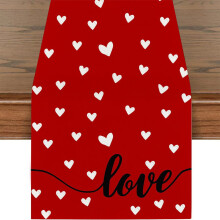 Love Heart Valentine's Day Table Runner – White Hearts & 'Love' Script, Compatible with Indoor Dining & Kitchen Decor